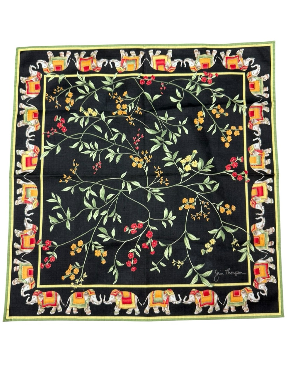 Jim Thompson Thai Silk Elephant Floral Scarf Black Green 15.5”